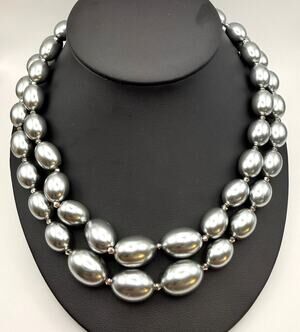 Talbots Silver Grey Glass Pearl Marcasite Bead Necklace 2 Stranded Graduated 19"